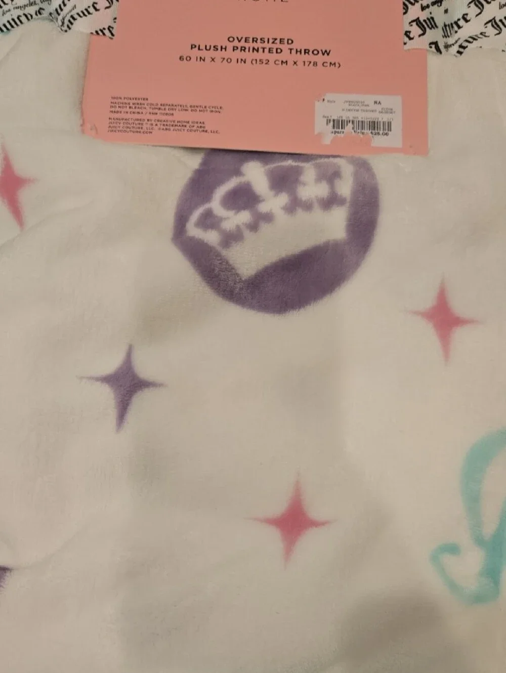 Juicy Couture Plush Printed Throw in White with Teal Pink and Lavender Accents